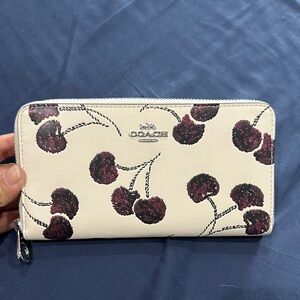 Coach Cream Zip-Around Wallet with Cherry Print